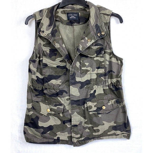 Love Tree Women’s Camo Snap Button Cinchable Waist Collar Multi Pocket Vest Med - Picture 1 of 16